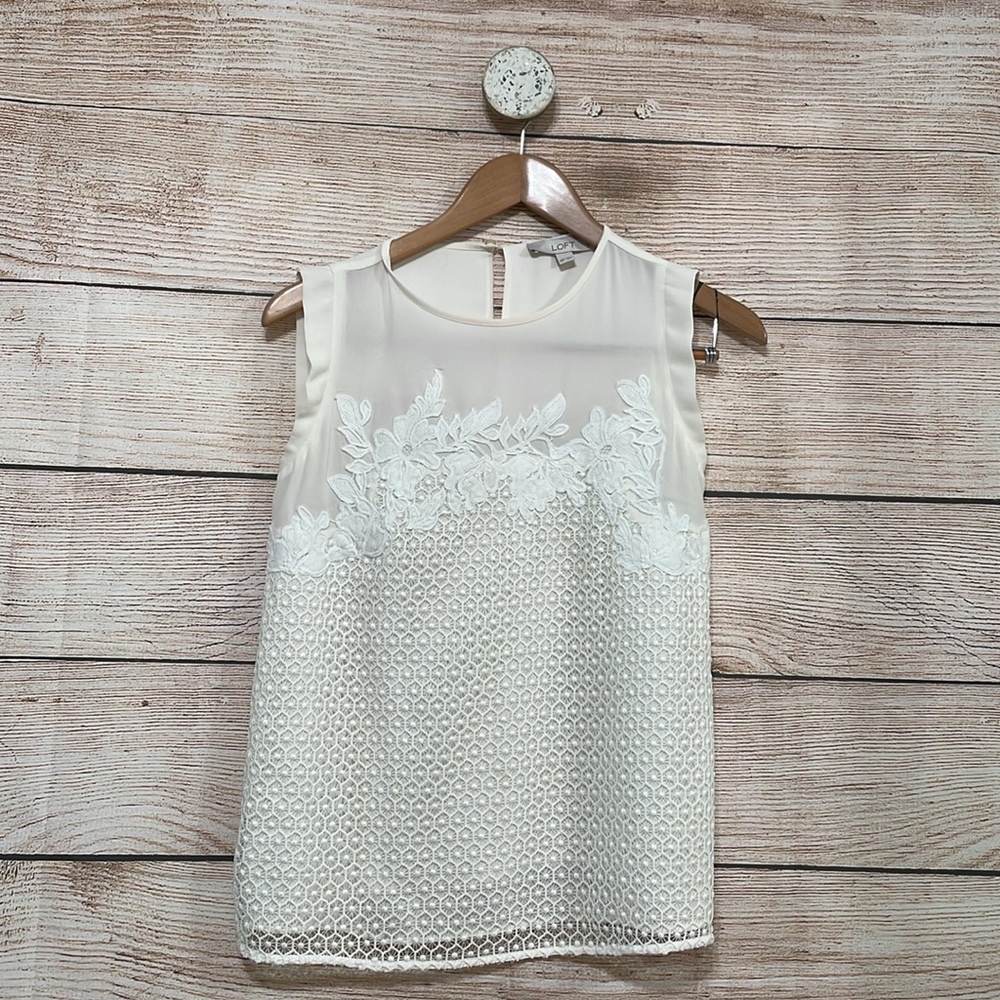 LOFT Petite White Cream Floral Embroidered Blouse XSmall